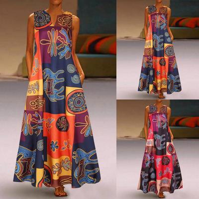 Women Plus Size Print Daily Casual Sleeveless Vintage Bohemian V Neck Maxi Dress