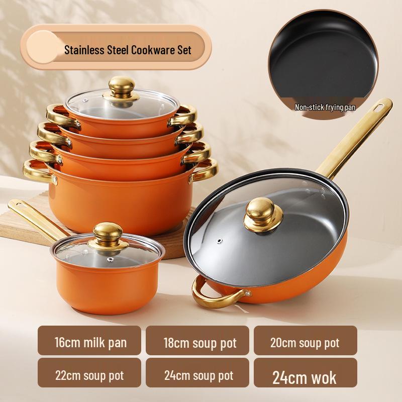 12dílná nepřilnavá sada nerezového nádobí se zlatě pokovenými rukojeťmi