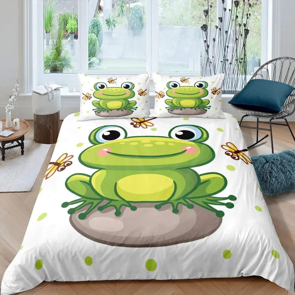 Cartoon Frog Duvet Cover Set Light Green Cartoon Frogs Cute Dragonfly Animal Bedding Set for Kid Twin Size Polyester Quilt Cover