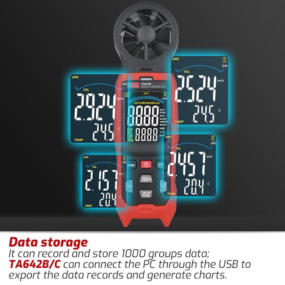 TA642C Digital Anemometer LCD Backlight Display Measuring Air Flow Speed Wind Temperature Handheld Wind Speed Meter