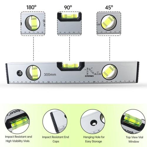Smgda 300mm Powerful Magnet Level, Measures 45, 90, and 180, Aluminum Alloy Construction, for Measuring Wall Level, Checking Floor Level, Mounting