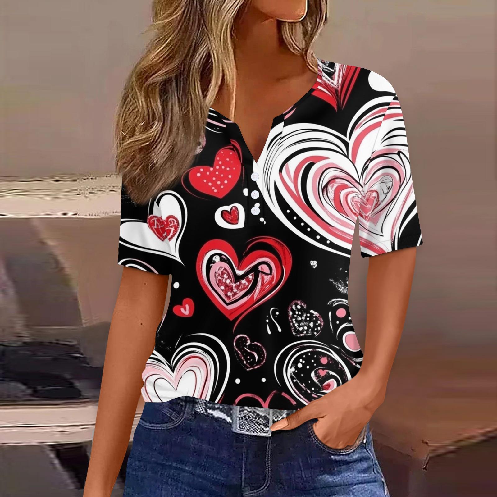 

Women s T Shirt Tee Valentine s Day Print Button Short Sleeve Tunic Daily Weekend Fashion Basic V, Neck Regular Top L чорний
