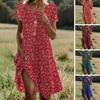 Lady Summer Dress Tečkovaný potisk Posádkový výstřih Krátké rukávy A-Line Volný Etnický styl Velký lem Denní nošení Volný čas Midi šaty