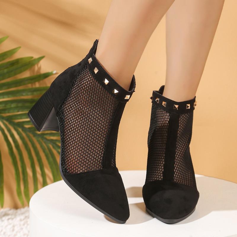 Studded Spliced Block Heel Sandals Summer New Spliced Mesh Cutout Breathable Rear Zipper Non-Slip Heels