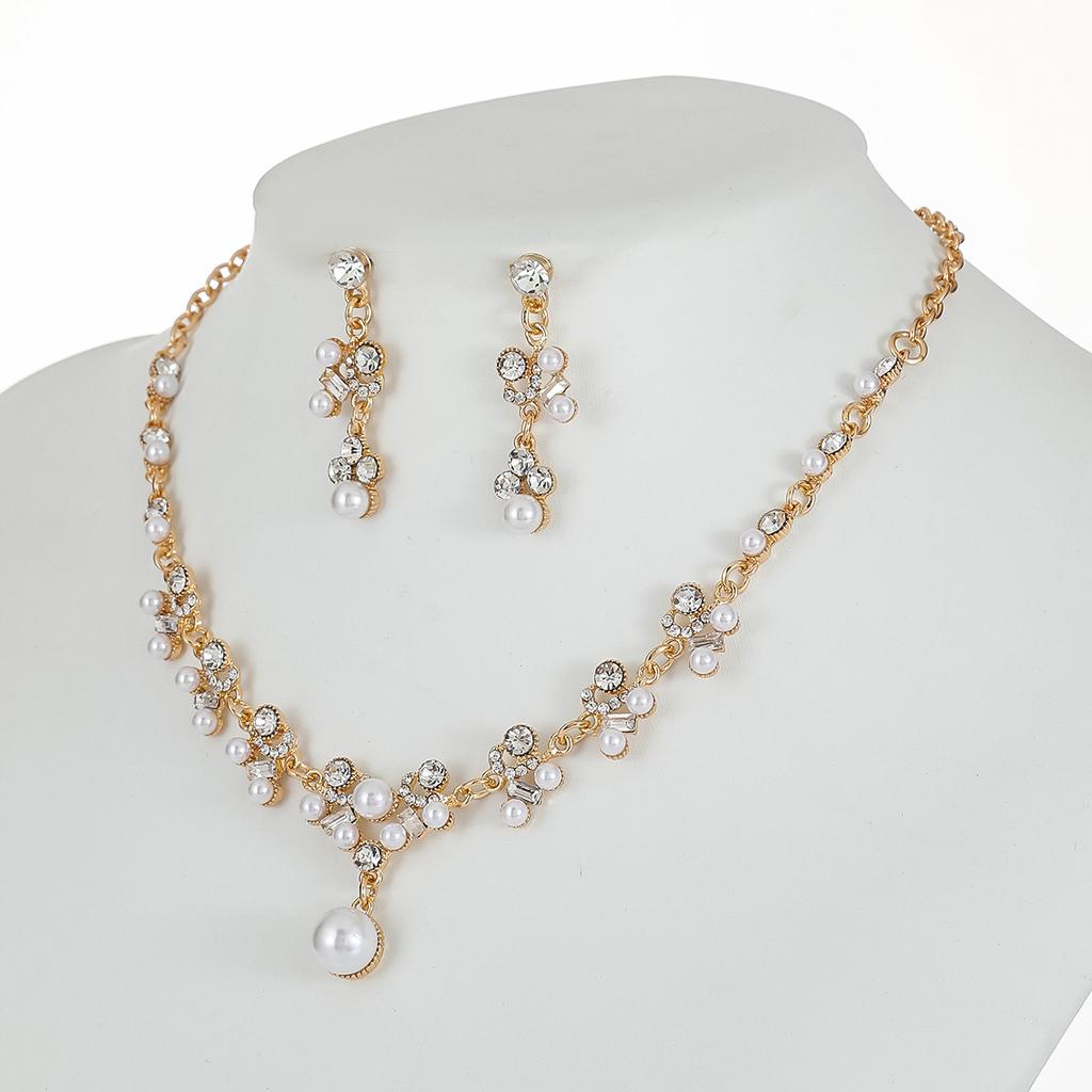 Bridal Dress Personality Pearl Necklace Earrings Set Femininity Alloy Droplet Shape