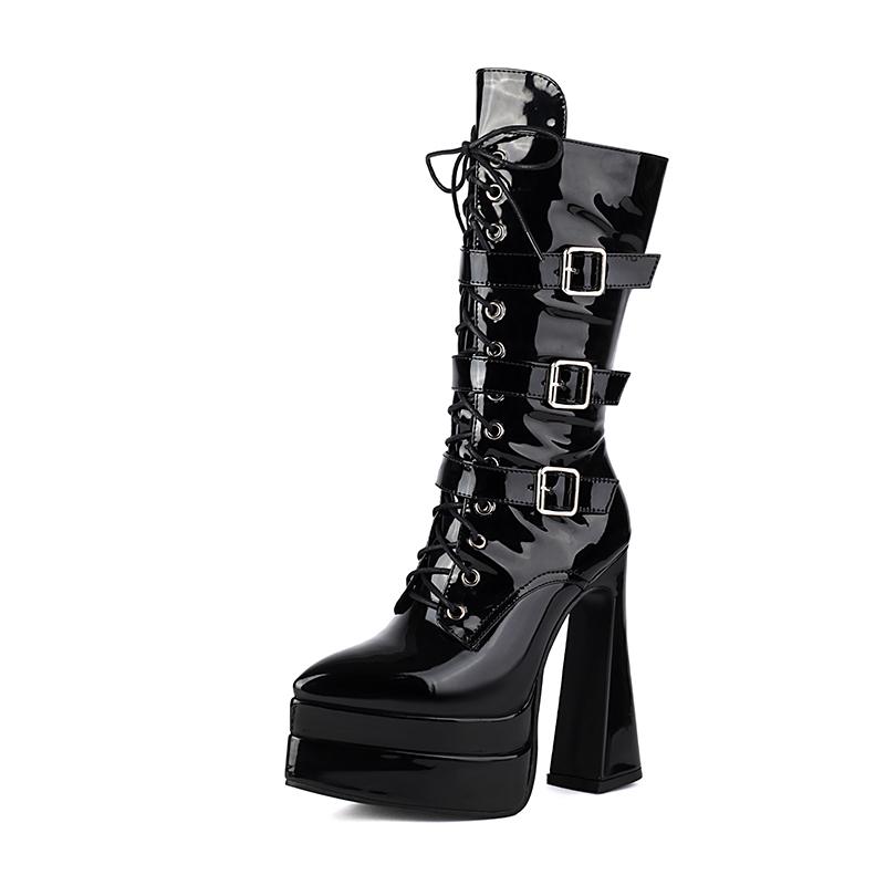 

Ультравысокий фигурный полый каблук, остроносые двухслойные ботинки на платформе в стиле панк до середины икры, перекрещенные ремешки, три ряда пряжек 37 чёрный