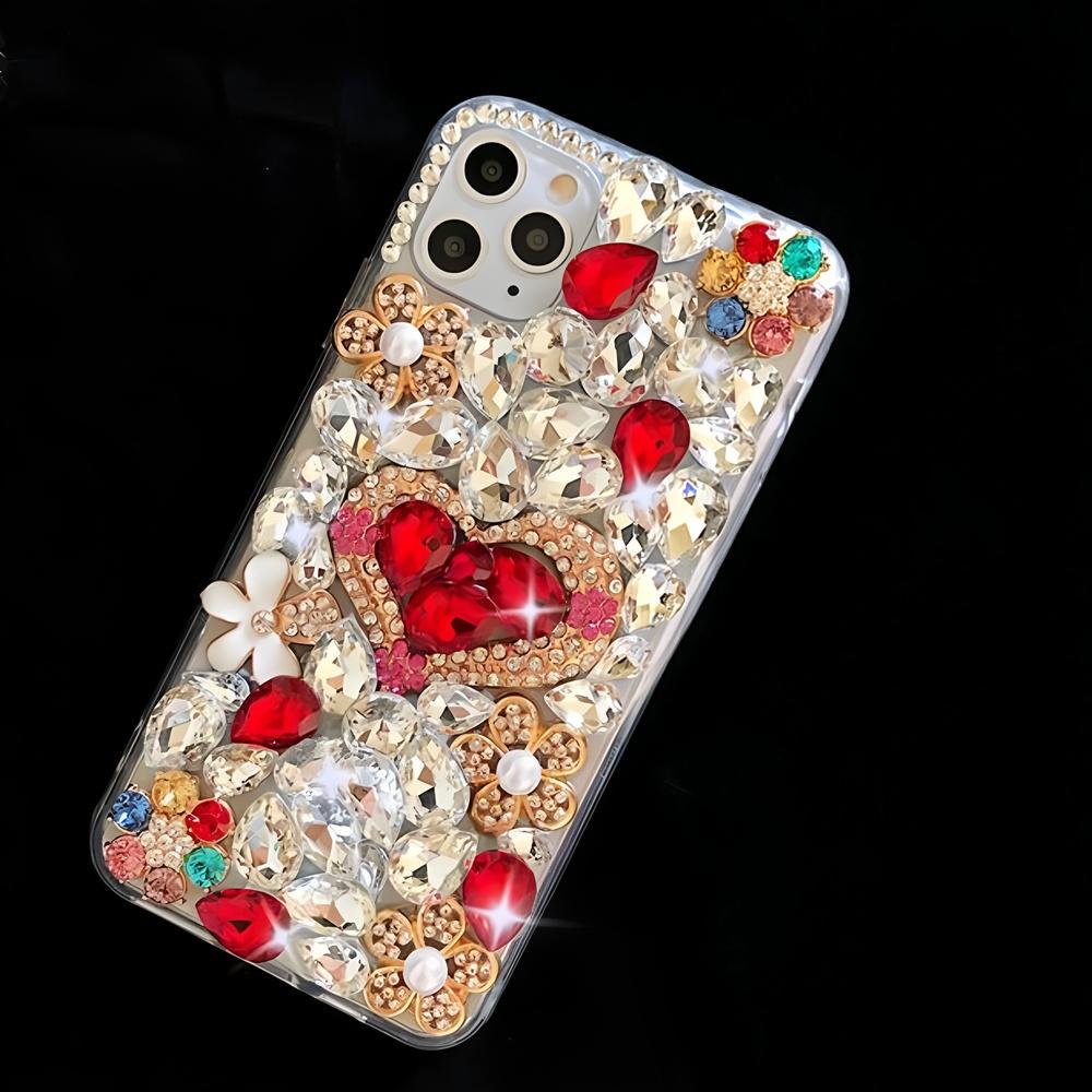 Glitter Rhinestone Phone Case For iPhone 17 16 15 14 13 12 11 Pro Max Air mini 16e 8 7 Plus X XS XR, 3D Crystal Heart Floral Bling Diamond Jewel Cover