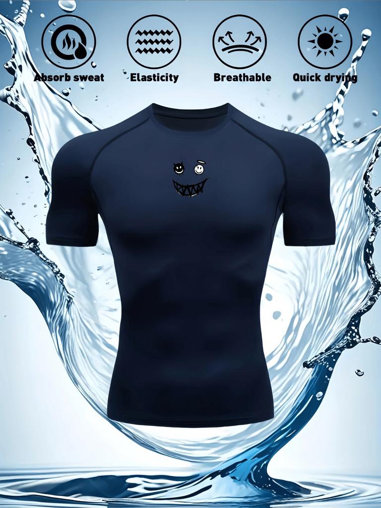 Men's Compression Shirt Quick Dry White Gym T-Shirt Black Grinning Monster Print Workout Sportswear