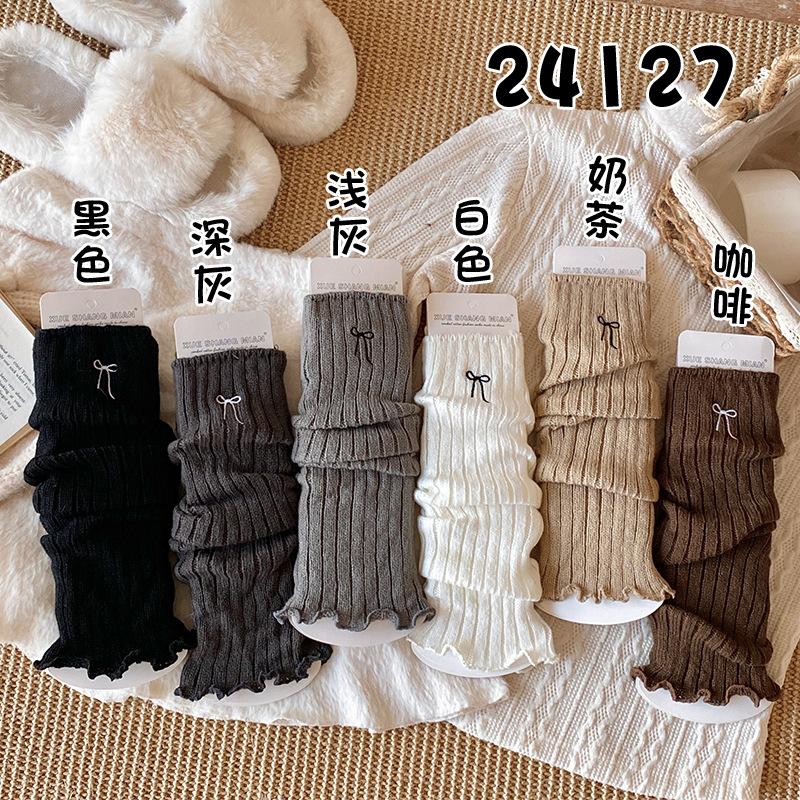 Girls Socks Spring And Autumn Embroidery Bow Calf Socks Solid Color Retro Knitted Wool Warm Pile
