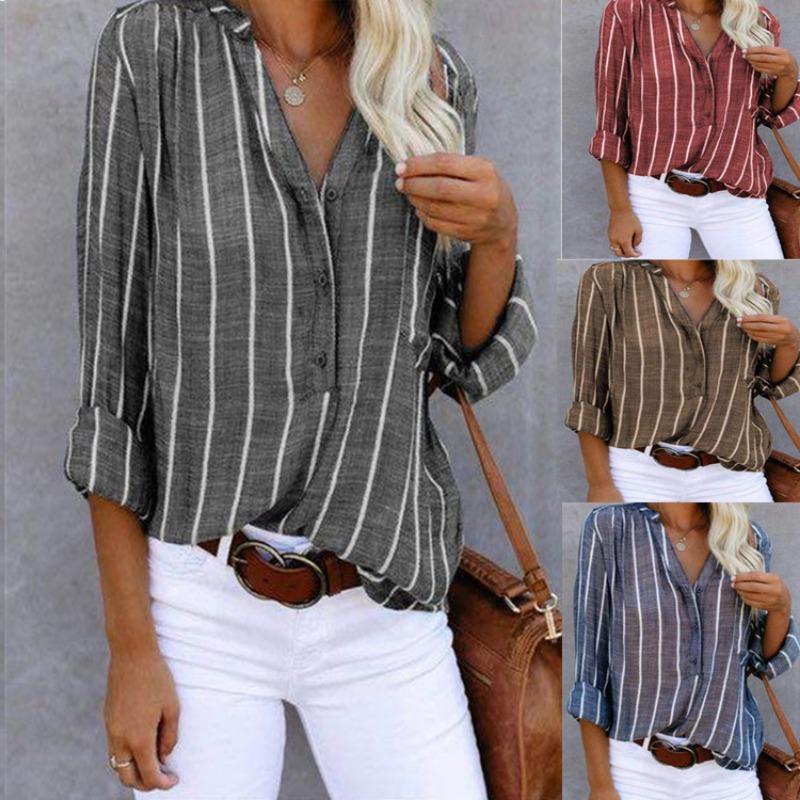 Women Stand Collar Vertical Stripe Half Button Long Sleeve Shirt Multi Color Loose Casual Rolled Cuff Blouse