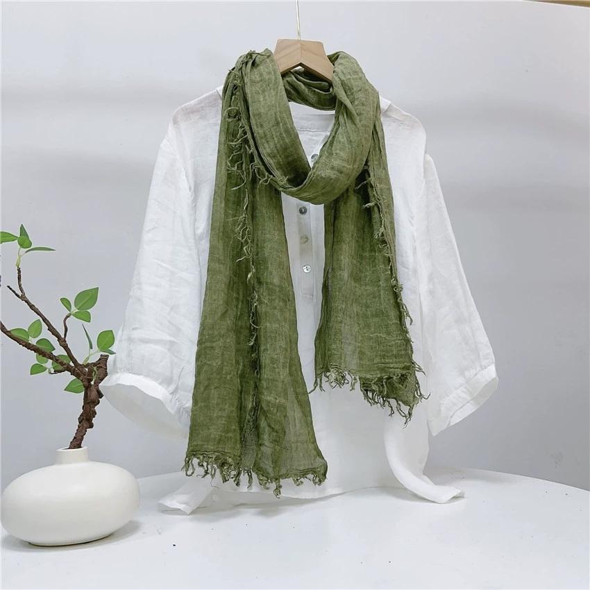 Retro Fluffy Edges Cotton Scarf Personality Wrinkle Design Slender Spring Summer Long Scarves