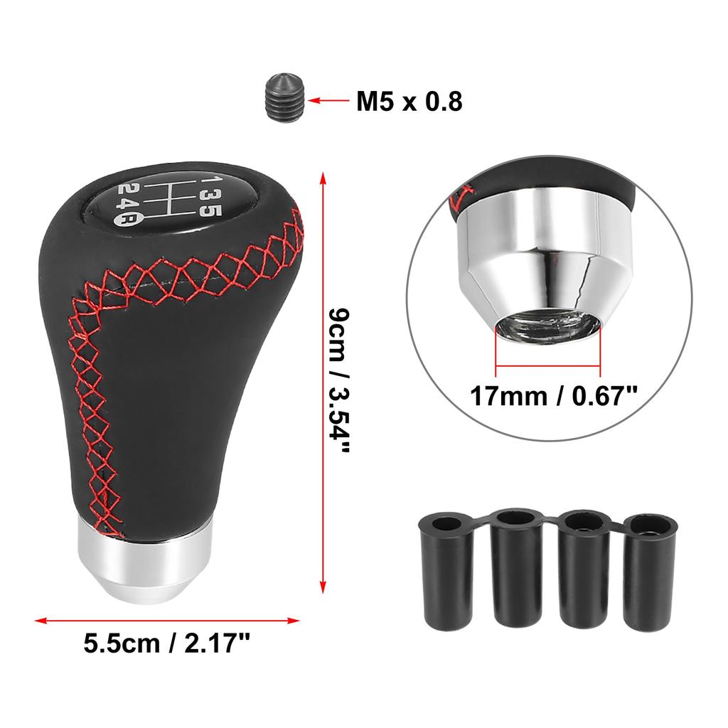 uxcell Shift Knob Gear Lever Shifter MT Stick Shift Knob Black Universal 5 Speed PU Leather Red Stitching