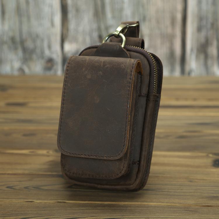Head layer Crazy Horse Skin Waist Bag, Genuine Leather, Foreign Trade Men's 6-inch Mobile Phone Bag, External Hook, Wearing Belt, Small Waist Bag