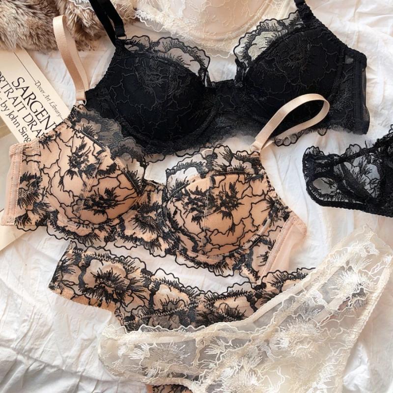 

Сексуальний мереживний комплект бюстгальтера з вишивкою у вигляді квітів, тонкий, чашка 3/4, пуш-ап, жіноча літня дихаюча комфортна бралет-білизна XL чорний