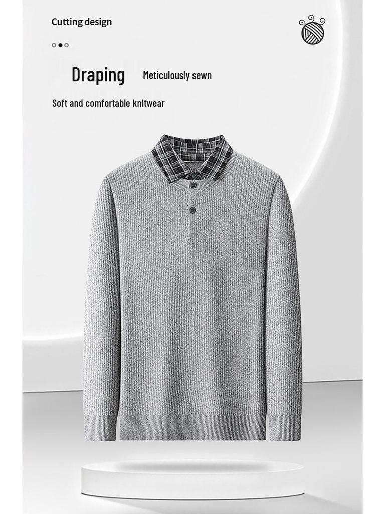 Men's Trendy Korean Style Plaid Knit Sweater with Shirt Collar - Warm, Loose Fit (Autumn/Winter)