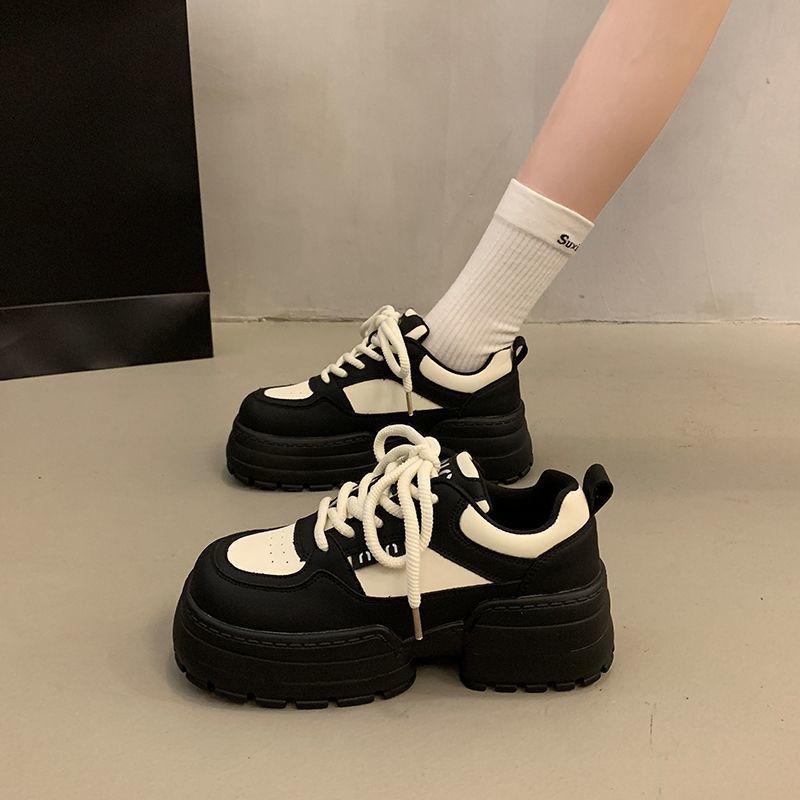 heightened thick baseplate shoes women's spring new muffin casual sports dad shoes lace-up versatile single shoes women's