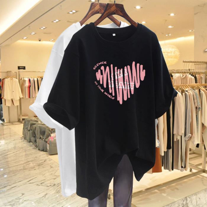 

Pink T-shirt women s summer short sleeves 2025 new love pure cotton medium and long loose t-shirt clothes ins 3XL чорний