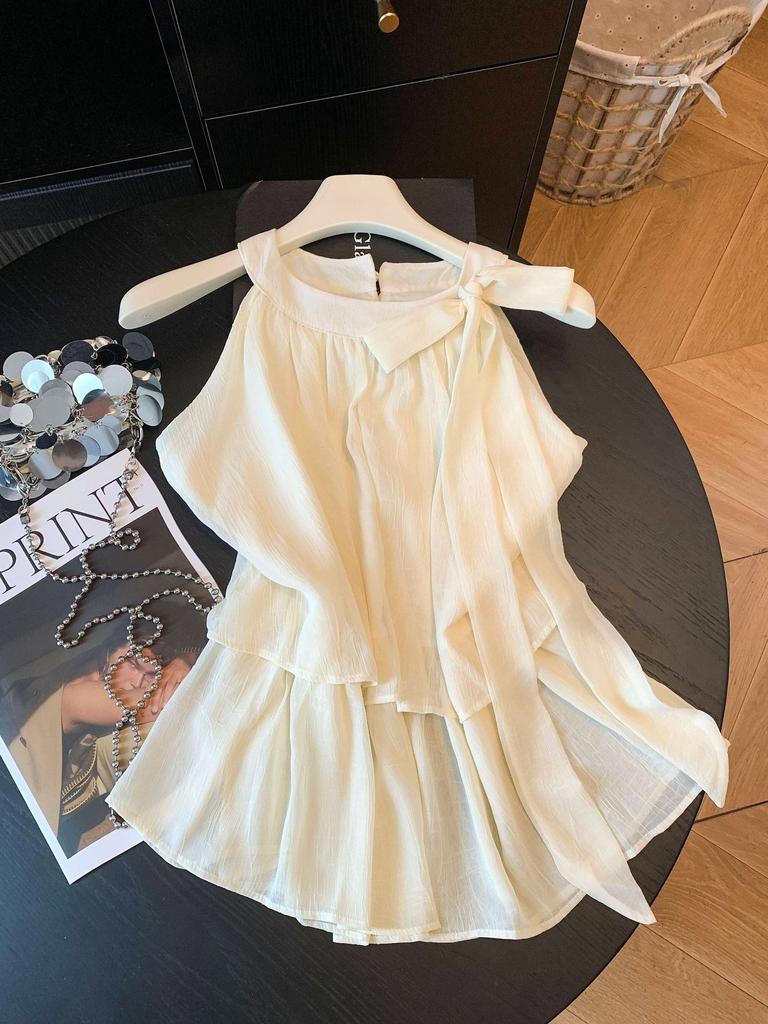 Summer New Pure Desire Style Bow Strap Ruffle Edge Sleeveless Shirt Women's Loose and Thin Versatile Temperament Top