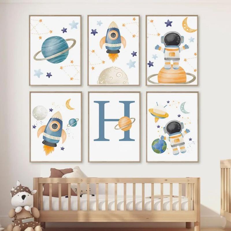 Rocket Astronaut Planet Outer Space Baby Name Custom Wall Art Canvas Painting Nordic Cartoon Prints Posters for Kids Room Decor
