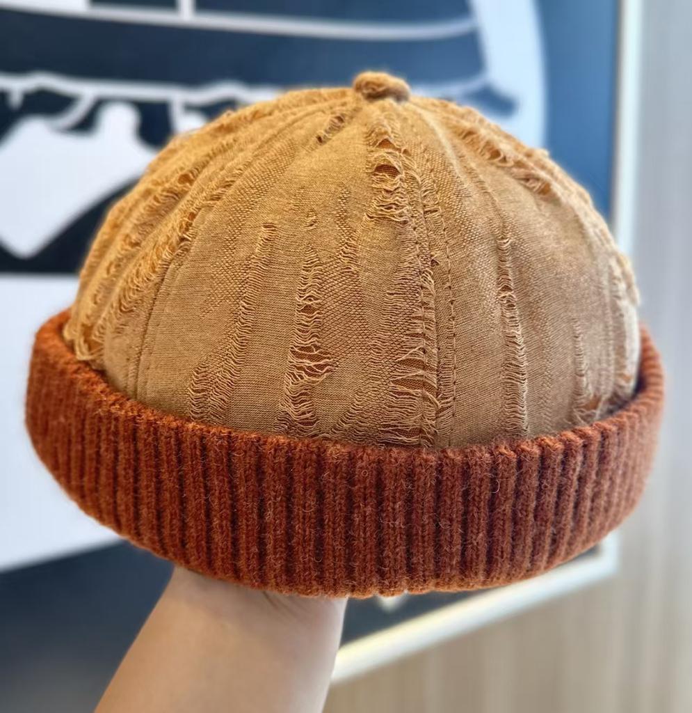 1 Stück modische Patchwork, durchbrochener Strickrand Vermieterhut, Retro und gealtert, lässiger, cooler und künstlerischer Stil Melonenrindhut