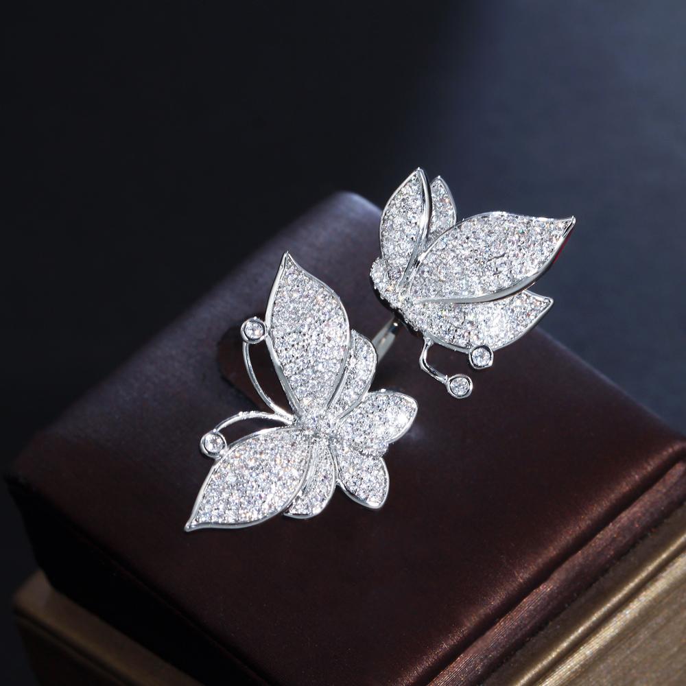 CMM Jewelry Micro Inlay Cubic Zirconia Open Cuff Adjustable Butterfly Rings for Women