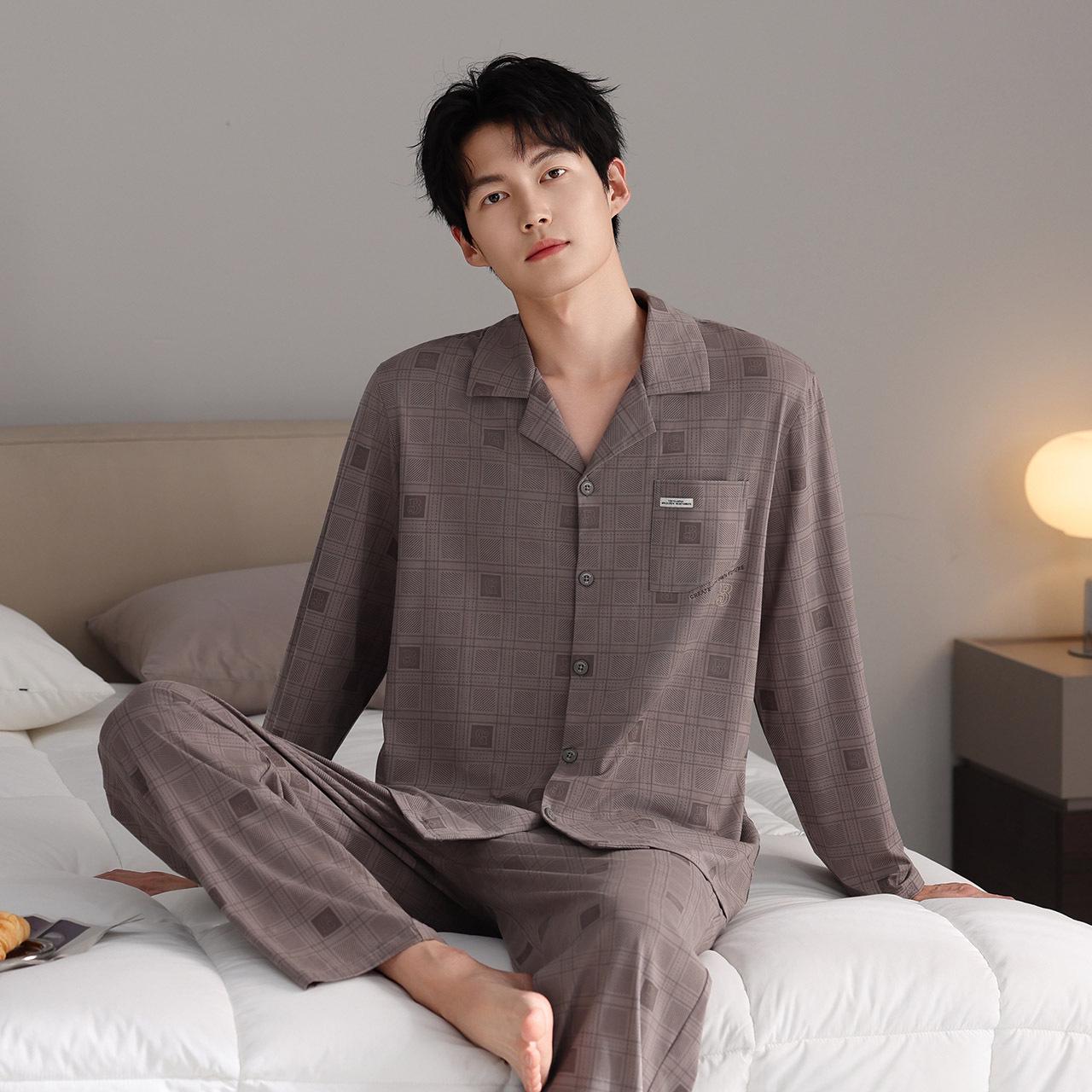 

Men s Plaid Lycra Cotton Pajama Set - Long Sleeve & Pants, Lightweight Spring/Autumn Wearable Style XL (Height 170-175cm, Weight 140-160kg)