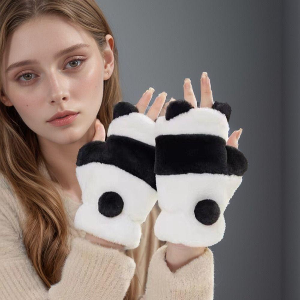 Korean Style Half Finger Gloves  Winter Velvet Mittens Soft Panda Plush Gloves  Girl