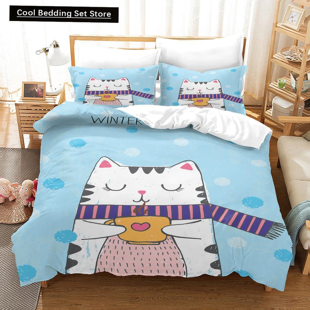 Cartoon Cat King Full Queen Duvet Cover Lovely Pet Kitty Bedding Set Animal Quilt Cover 2/3pcs Purple Polyester Comforter Cover
