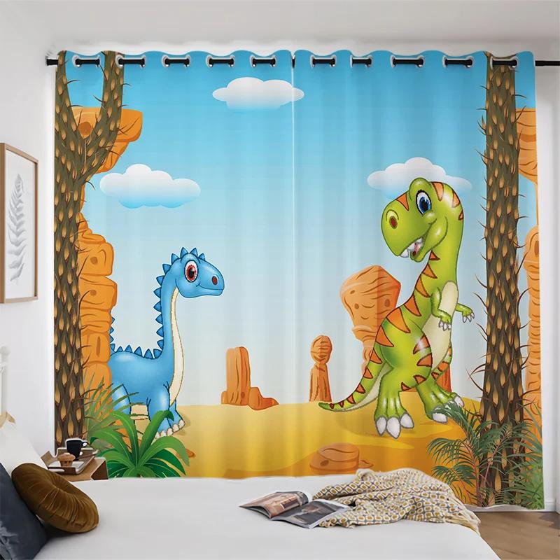 Cute Cartoon Dinosaur New High Shading Window Curtain Bedroom Children's Room Partition Decoration Thick Blackout Curtain 2Pcs