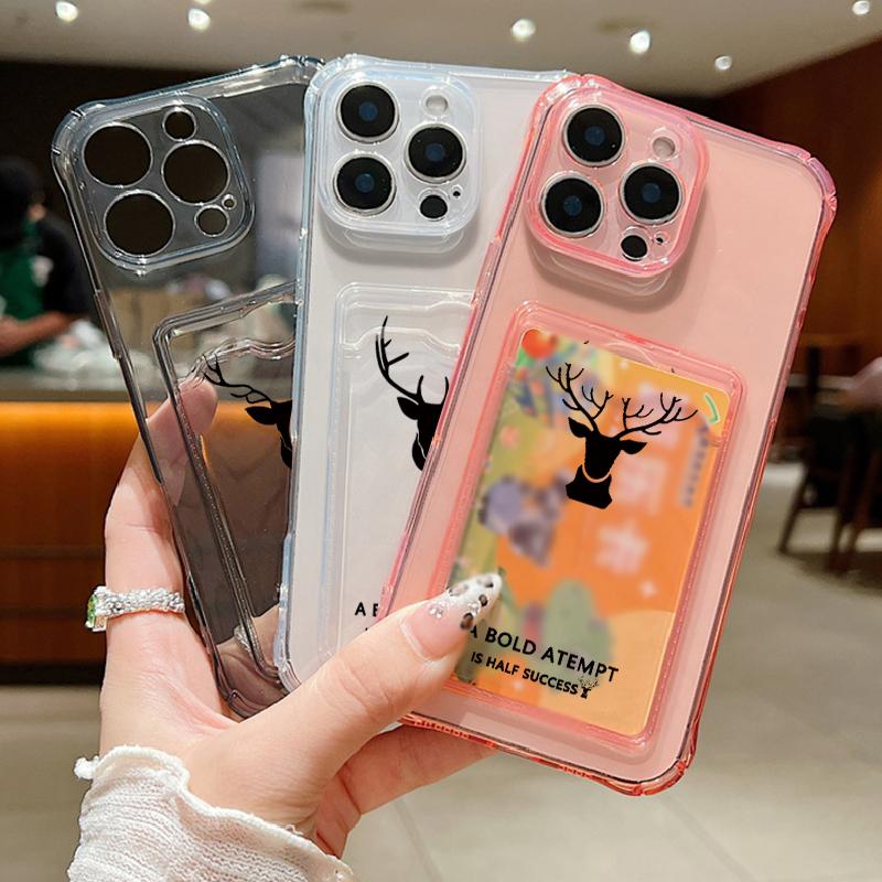 For iPhone 16E 16 Pro Max 15 Pro 14 13 12 11 Cover Shell Simple Deer Pattern Clear Card Pocket Slot Slim Shockproof Soft Silicone Phone Case