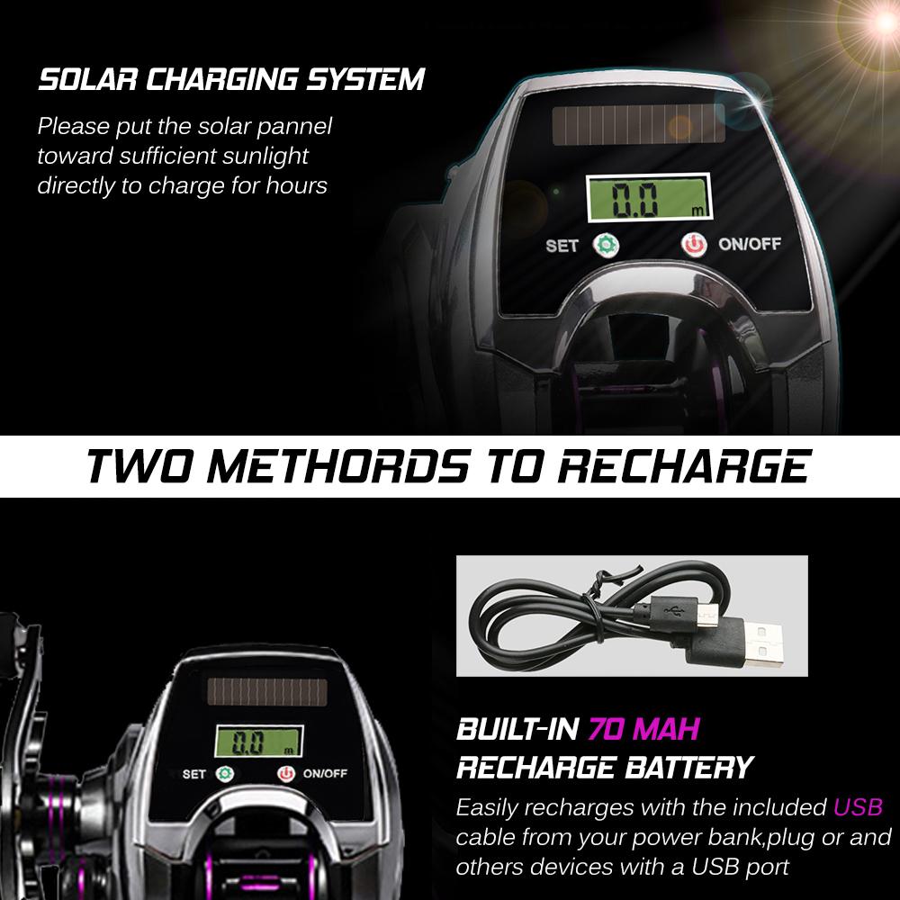 6+1BB 8.0:1 Ratio Digital Display Baitcasting Reel with Sun Power Charging System High Speed Fishing Reel with Line Counter