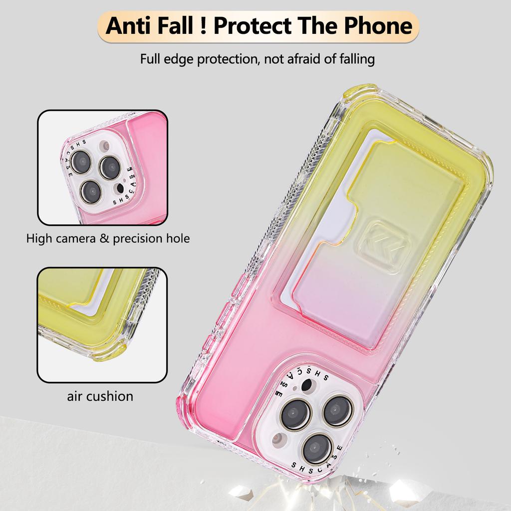 For iPhone 16 Pro Case Card Holder Gradient Color PC+TPU Anti Drop Phone Back Cover with Lens Film