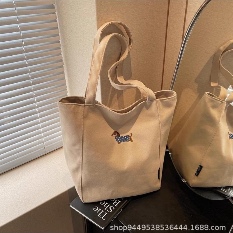 Embroidered Dachshund Canvas Bag Female Large Capacity Student Class Tote Bag Casual Versatile Shoulder Commuter Tote Bag