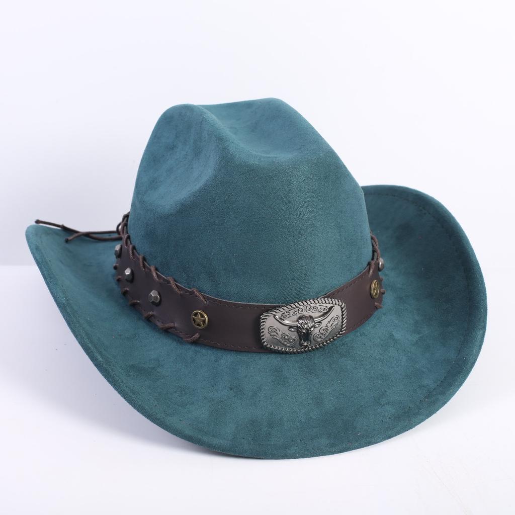 New western cowboy hat men's and women's wide-brimmed top hat bull head rivet belt buckle sun hat