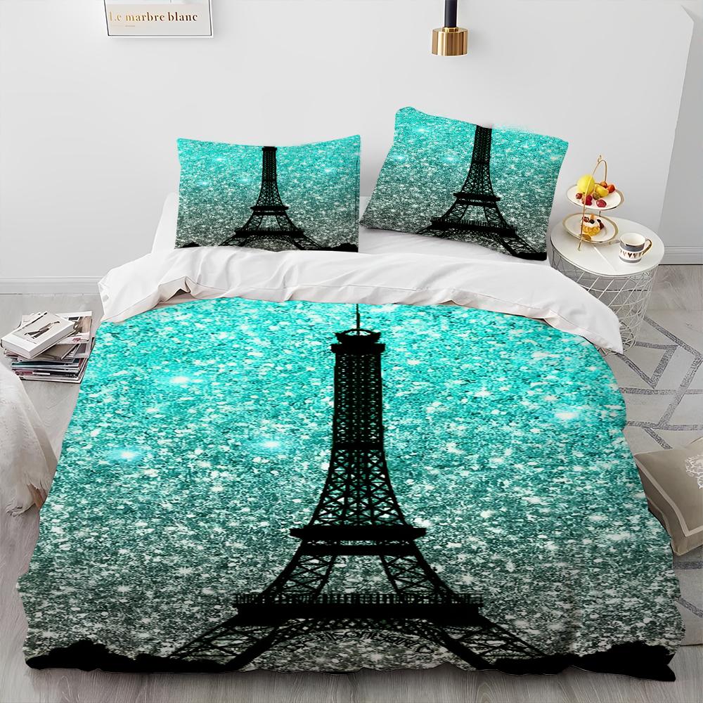 France Paris Eiffel Tower Romantic Comforter Bedding Set,Duvet Cover Bed Set Quilt Cover Pillowcase,King Queen Size Bedding Set