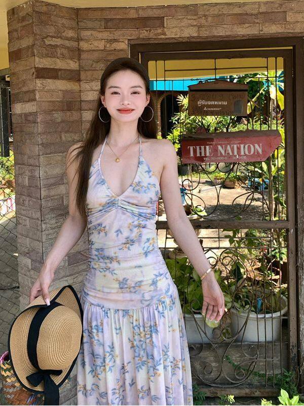Dopamine Vacation Floral Halter Neck Maxi Dress - Women s Elegant Cinched Waist Summer Style XL