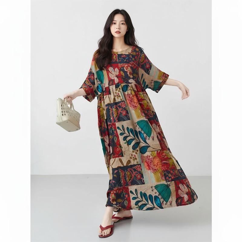 Aiyilian Women s Retro Print Summer Dress M