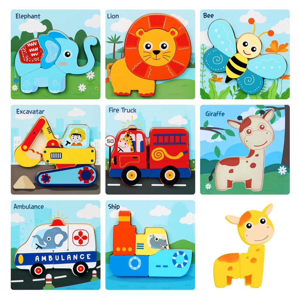 LIXTONE Montessori Educational Toy for Ages and Wooden Puzzle Animal Vehicle Puzzle, Children, 3, 2, 1, (8 & Designs)