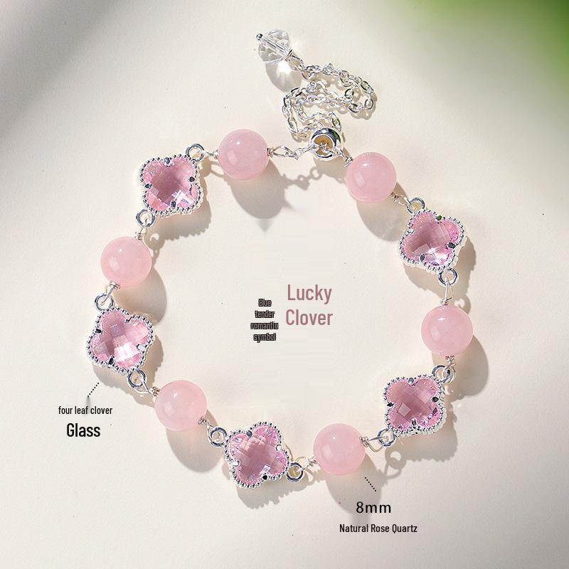 Lucky Clover Amethyst & Rose Quartz Women's Bracelet - Four-Leaf Clover Light Luxury Fashion Jewelry.