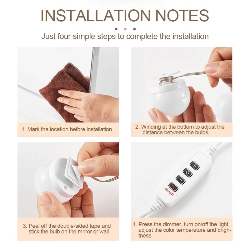 USB Tri-color Dimming Hollywood Mirror Headlamp Mirror Lamp Makeup Mirror Bulb Lamp Headlamp 5V Bathroom Lamp