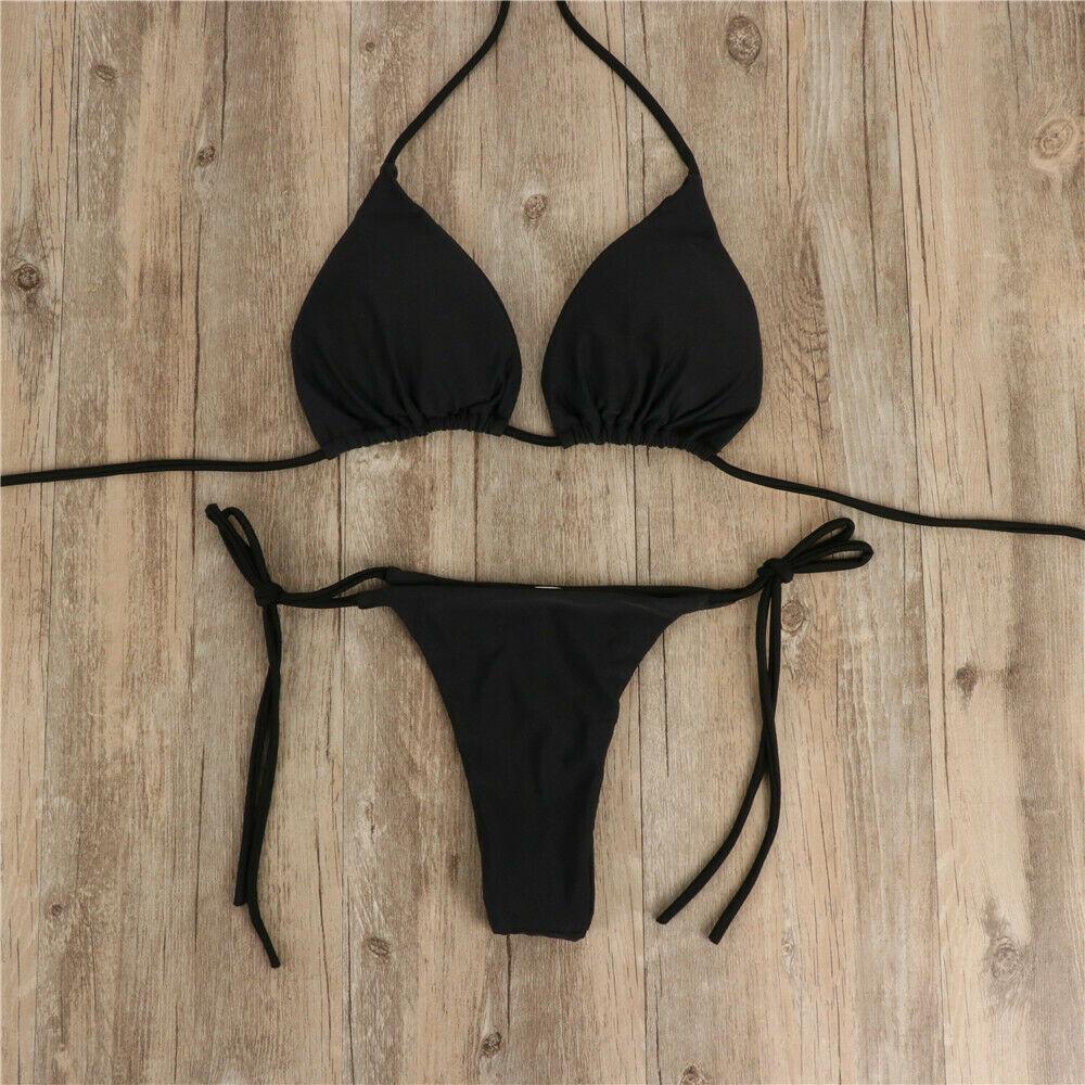 New Women Sexy Hanging Neck Thong Bikini Set Side Tie Swimsuit Bandage Style Split Strap Solid Adjustable Ladies Swimsuit Set