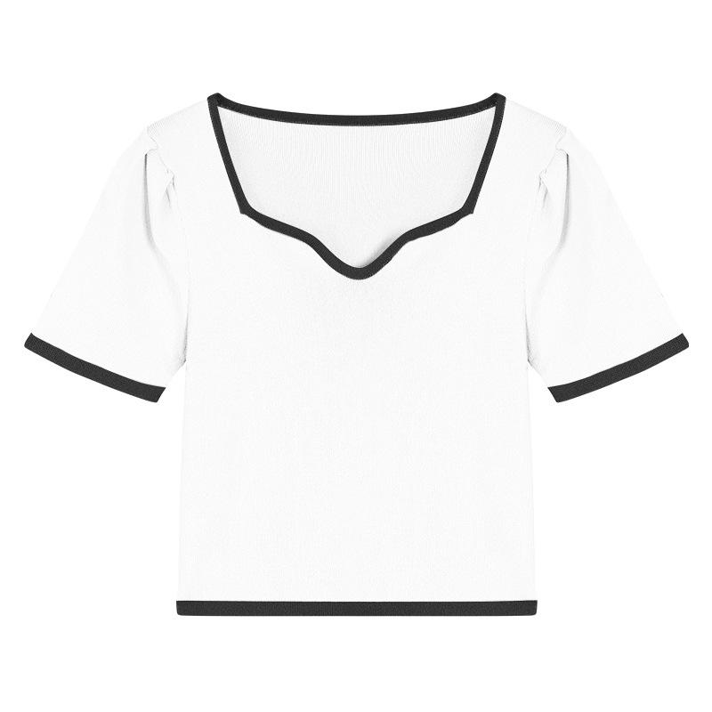 Design Sense Square Neck Knitted Short-sleeved T-shirt Tops Spring and Summer Slim Bottoming Shirt Female Casual Essential Slim Fit Pullovers Tees