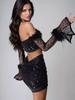 Plush Sequin Off-Shoulder Sexy Set: Long-Sleeve Top & Hip-Hugging Mini Skirt