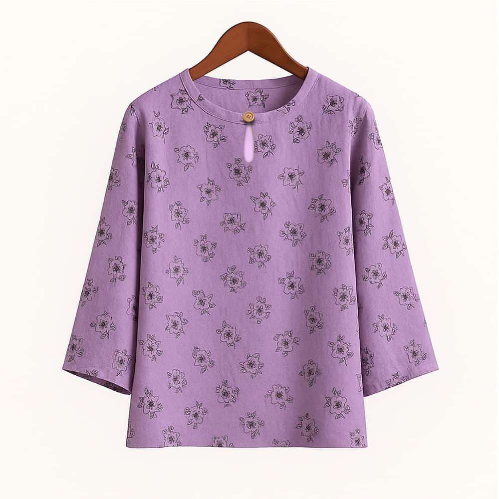 Винтажная повседневная блузка, для женщин, эластичный лен, цветочный принт, круглый вырез, рукава три четверти, элегантный свободный топ S