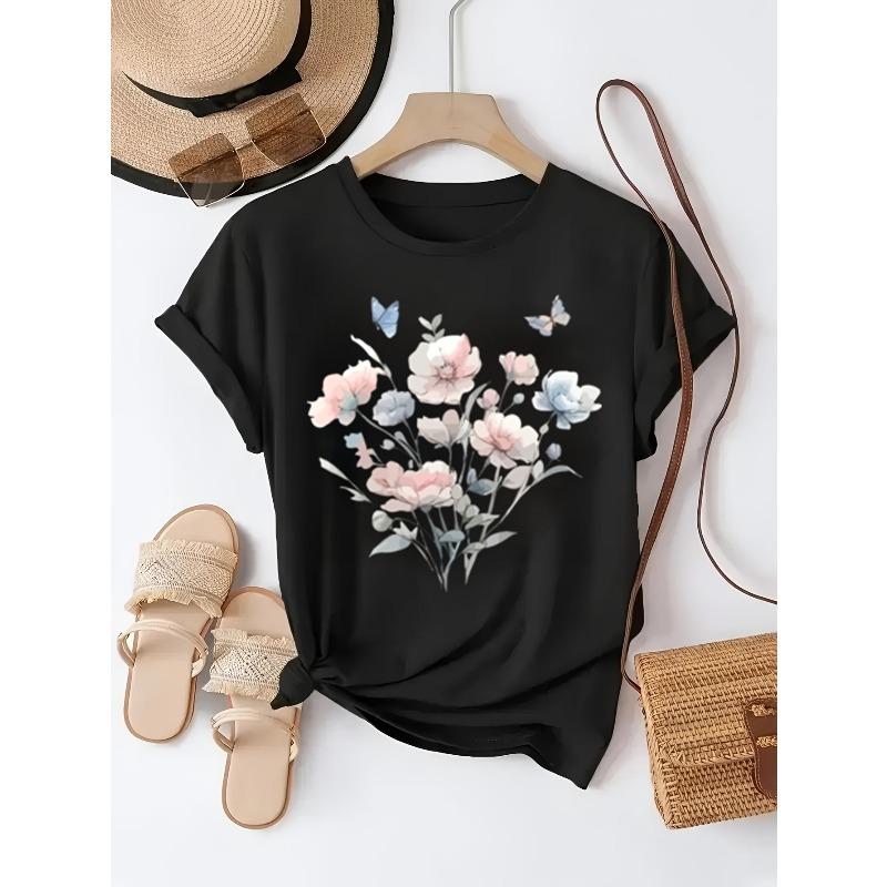 

European size Women s Vintage Floral & Butterfly Print Cotton T-Shirt - Relaxed Fit Short Sleeve Round Neck Top, Breathable Summer Casual & Party Wear 4XL чорний