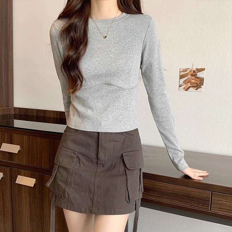 Right Shoulder Round Neck Long Sleeve T-shirt Autumn and Winter Solid Color Versatile Bottoming Layer