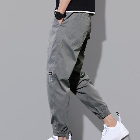 Men Pants Solid Color Elastic Waist Drawstring Ankle-banded Cargo Pants for Daily Wear
