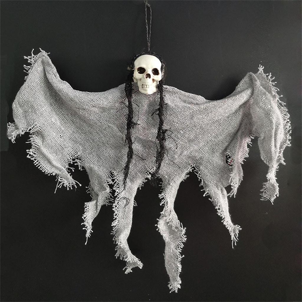 Halloween Hanging Ghost Decoration with Mesh Fabric and Skull Head for Indoor Outdoor Party Haunted House Props