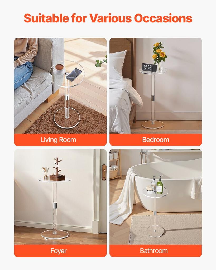 Acrylic Drink Table, Clear End Table Round Top with Solid Post, Modern Acrylic Cake Table Stand, Transparent Side Desk for Coffee, Drink, Food, Snack,