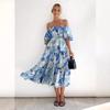 Summer New Bubble Sleeve Holiday Skinny Long Dress Spice Girl High Waist Shoulder Printed Dress Women